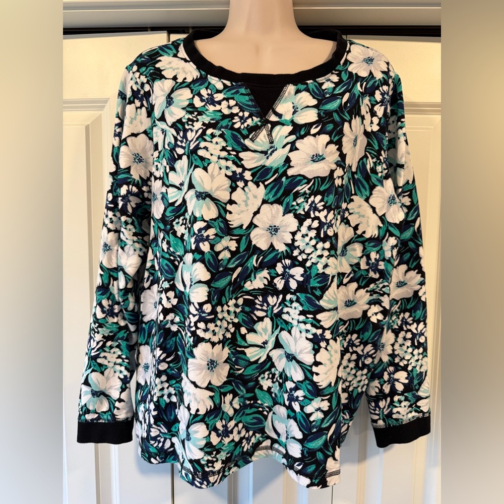 Appleseeds navy green floral top shirt blouse large L